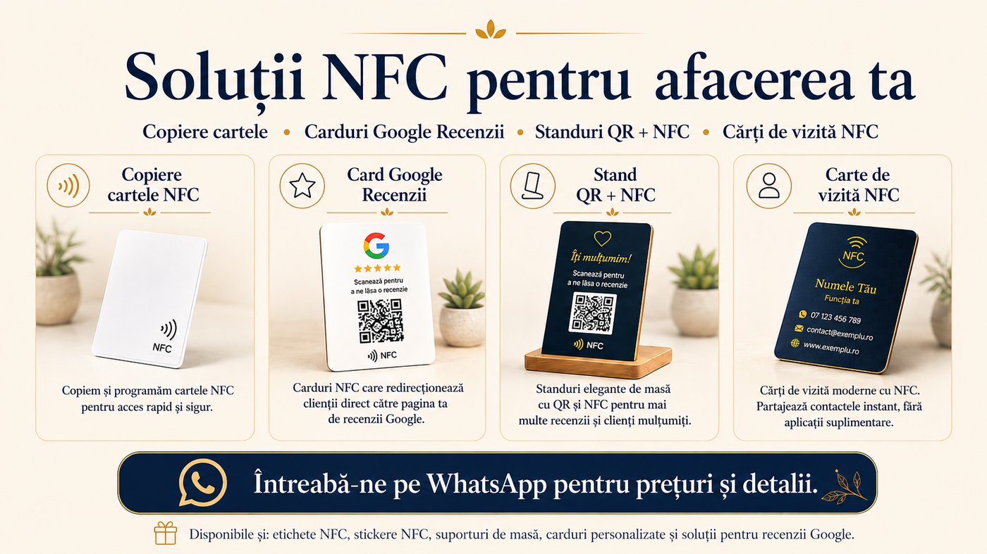 Soluții NFC pentru afacerea ta: copiere cartele, card Google recenzii, stand QR și NFC, carte de vizită NFC